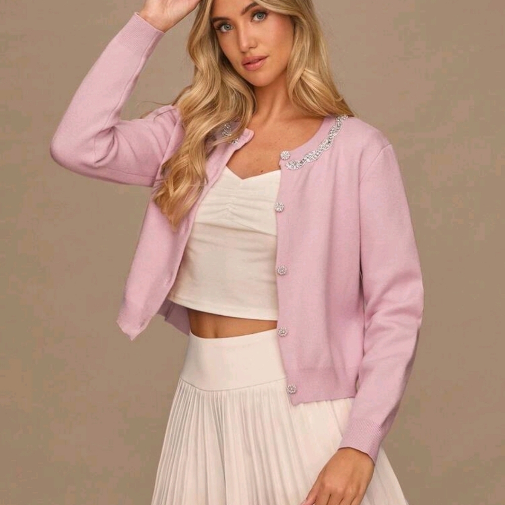 Fall/Winter Romantic Women's Elegant Pink Rhinestone Decorated Long Sleeve - Picture 5 of 5